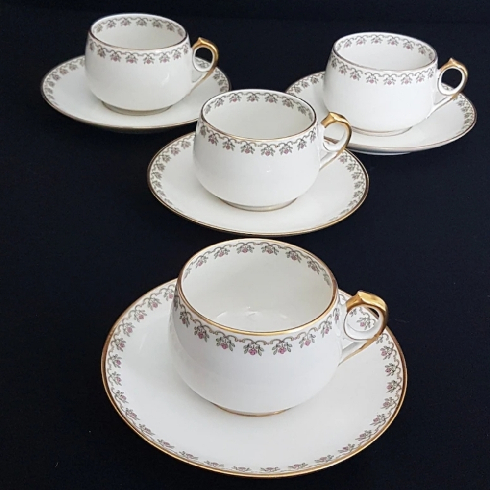 Haviland Limoges Tea Cup & Saucer Set for 4 Pink Floral Garland (8 pieces)